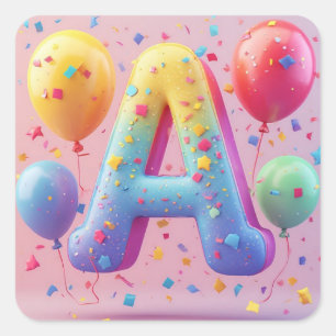 🎂 Pastel Cake Letter A Birthday Kids Party 🎂 Square Sticker