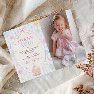 Pastel Cake Party Girl First Birthday Photo Thank You Card