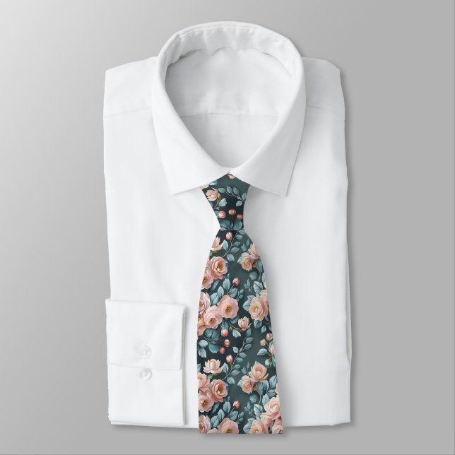 Pastel Camellias & Dusty Miller Seamless Botanical Tie (Tied)