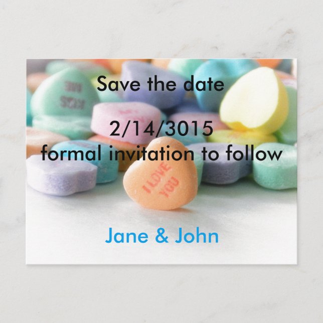 pastel candy heart wedding save the date postcards (Front)
