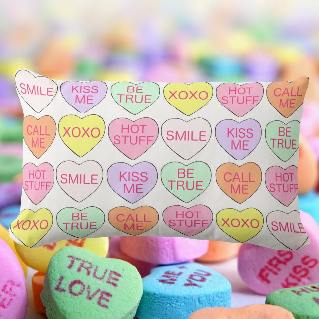 Pastel Candy Hearts Love Valentine's Day Decor Lumbar Cushion (Candy conversation hearts pillow)