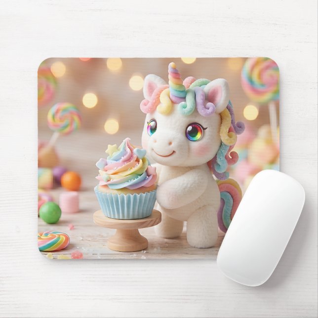 Pastel Candy Unicorn with Rainbow Cupcake Mouse Mat (With Mouse)