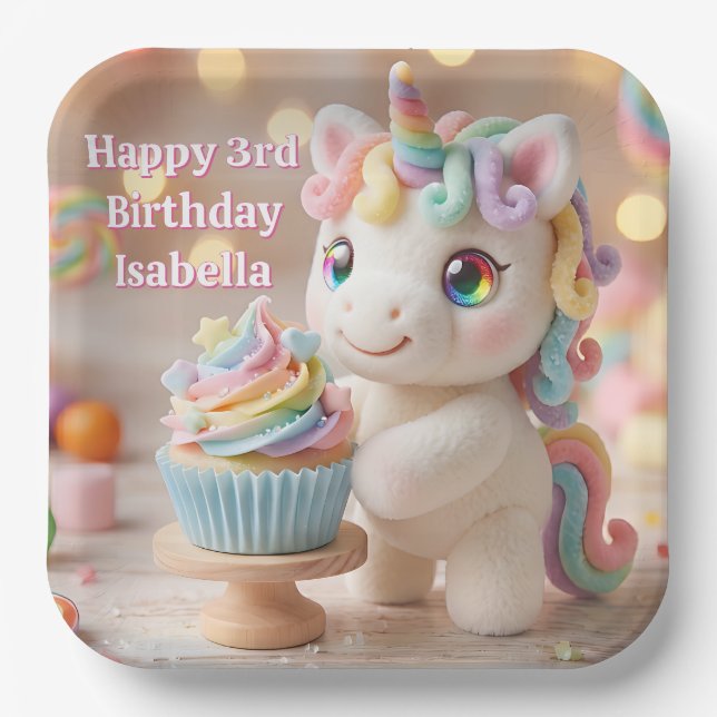 Pastel Candy Unicorn with Rainbow Cupcake Paper Plate (Front)