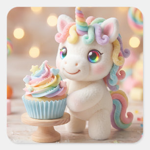 Pastel Candy Unicorn with Rainbow Cupcake Square Sticker