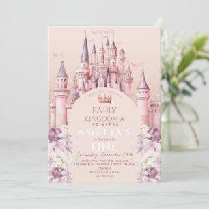 Pastel Cartoon Castle Fairy First 1st Birthday Invitation