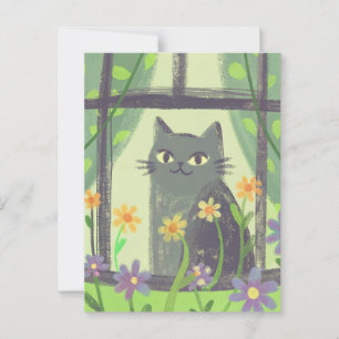Pastel Cat and flowers modern folk art Postcard