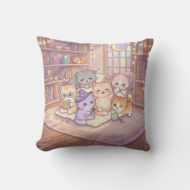 Pastel Cat Library Friends Pillow (Front)