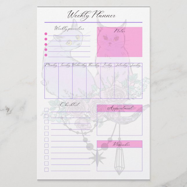 Pastel Cats Weekly Planner Sheets Stationery (Front)