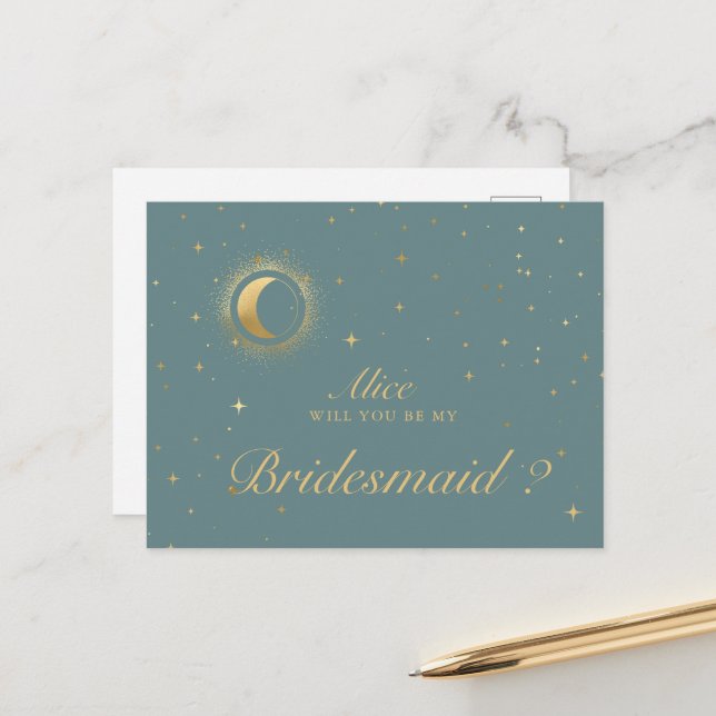 Pastel Celestial Crescent Moon Bridesmaid Postcard (Front/Back In Situ)
