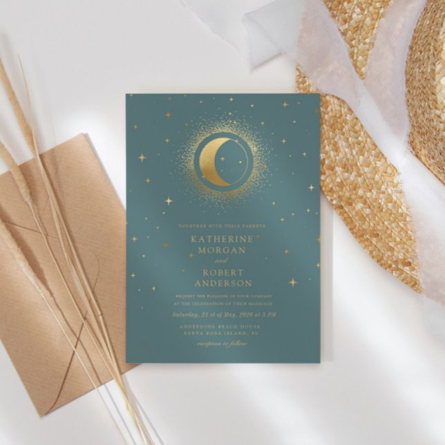 Pastel Celestial Gold Moon Wedding  Invitation (Creator Uploaded)