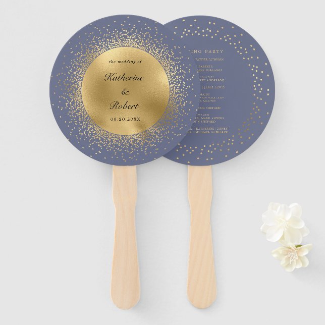 Pastel Celestial Gold Moon Wedding Program Hand Fan (Front and Back)