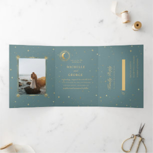 Pastel Celestial Gold Tri-Fold Wedding Invitation
