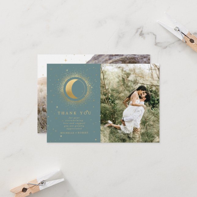 Pastel Celestial Gold Two Photo Thank You Card (Front/Back In Situ)