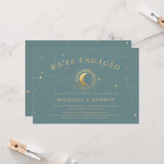 Pastel Celestial Gold Wedding Engagement Invitation (Front/Back In Situ)