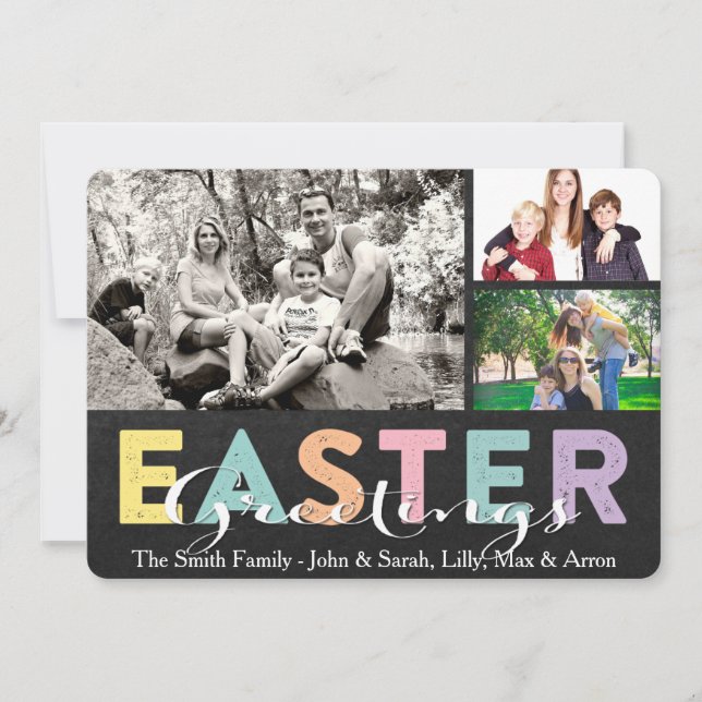Pastel Chalk Family Easter Greeting Three Photos Holiday Card (Front)