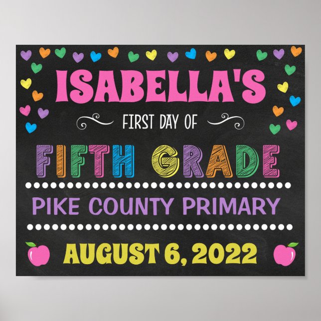 Pastel Chalkboard First Day of Fifth Grade Sign (Front)