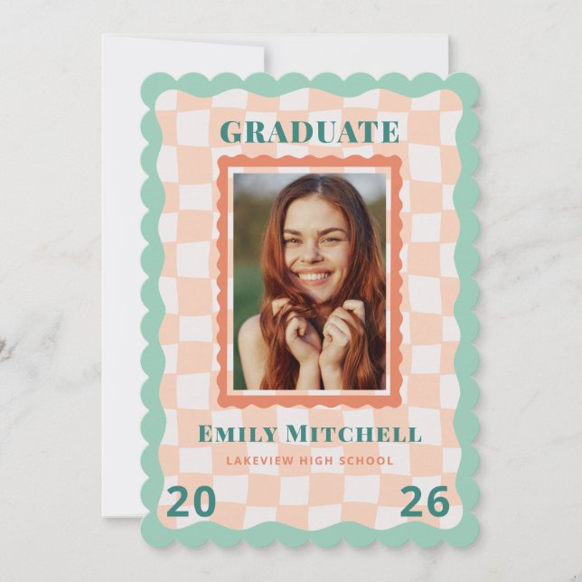 Pastel Checkered Grad Announcement with Photo (Front)