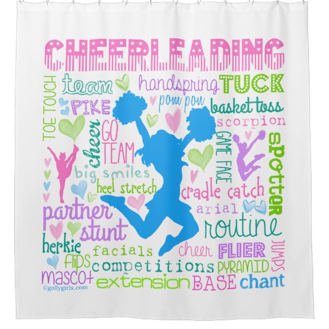 Pastel Cheerleading Words Typography Shower Curtain (Front)