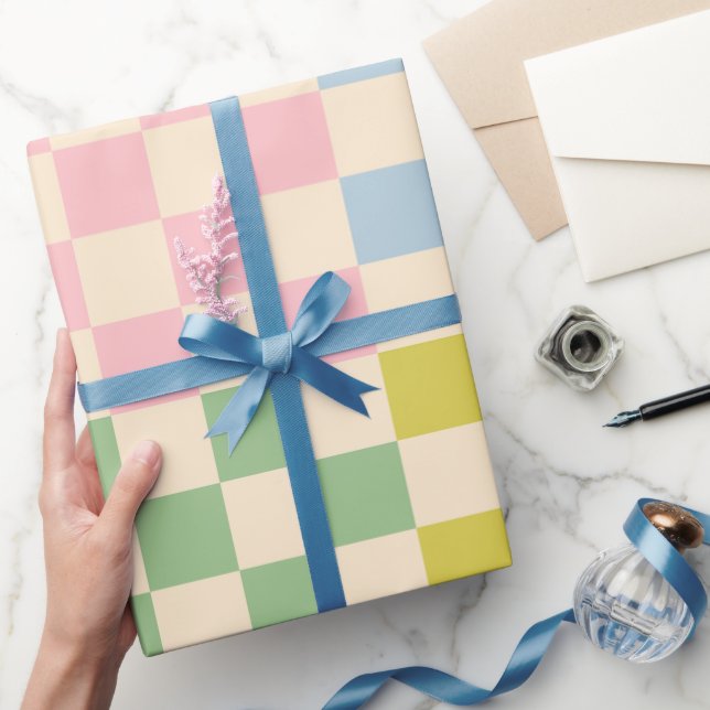 Pastel Chequered Check Pattern Pink Blue Green Wrapping Paper (Gifting)