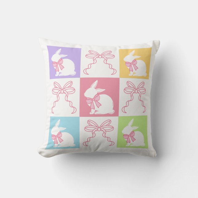 Pastel Chequered Easter Bunny with Bows Cushion (Front)