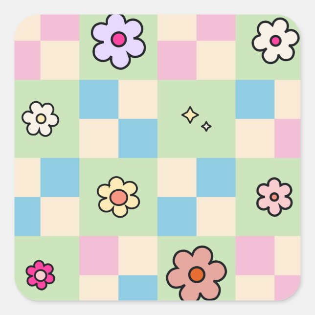Pastel Chequered Flower Chequered Pattern Square Sticker (Front)