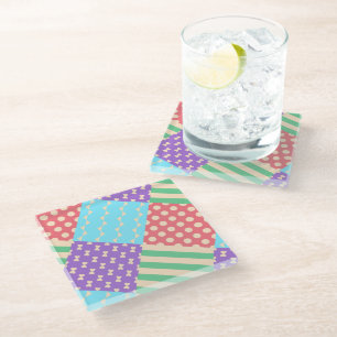 Pastel Chequered Stripe Bow Polkadot Geometric Glass Coaster