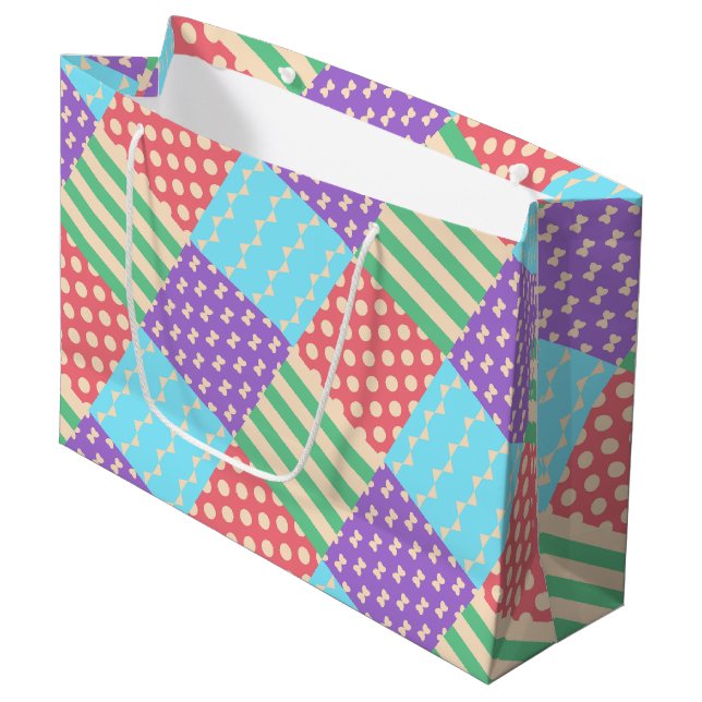Pastel Chequered Stripe Bow Polkadot Geometric Large Gift Bag (Front Angled)