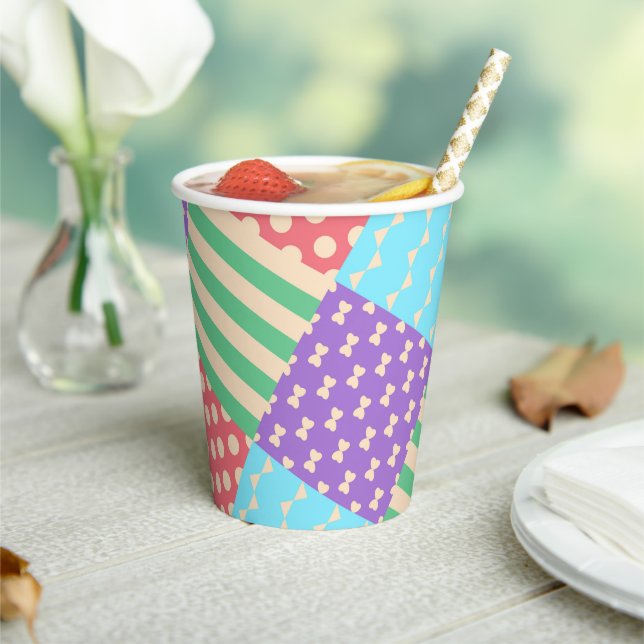 Pastel Chequered Stripe Bow Polkadot Geometric Paper Cups (Insitu)