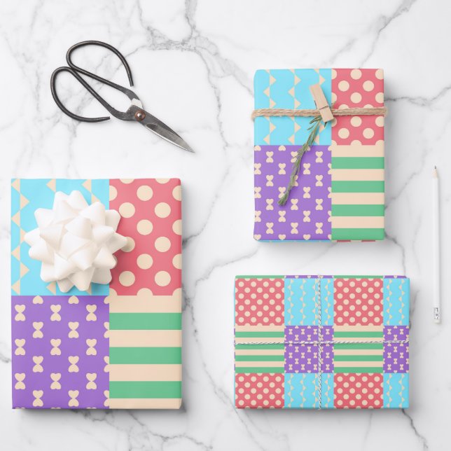 Pastel Chequered Stripe Bow Polkadot Geometric Wrapping Paper Sheet (Front)