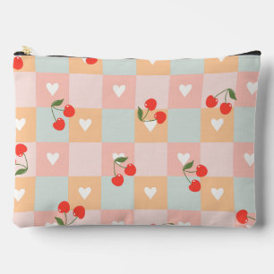 Pastel Cherry and Heart Chequered Pattern Accessory Pouch