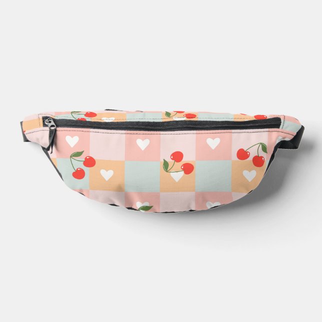 Pastel Cherry and Heart Chequered Pattern Bum Bags (Lay Down)