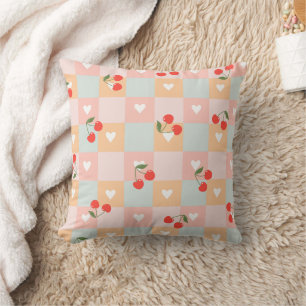 Pastel Cherry and Heart Chequered Pattern Cushion