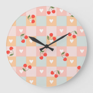 Pastel Cherry and Heart Chequered Pattern Large Clock