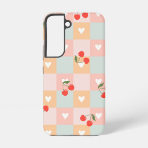 Pastel Cherry and Heart Chequered Pattern Samsung Galaxy Case