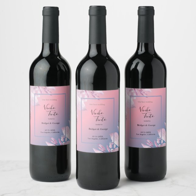 pastel cherry blossom sakura wedding wine label (Bottles)