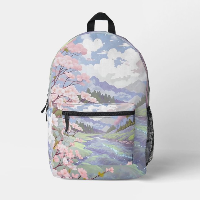 Pastel Cherry Blossoms Watercolor Printed Backpack (Front)