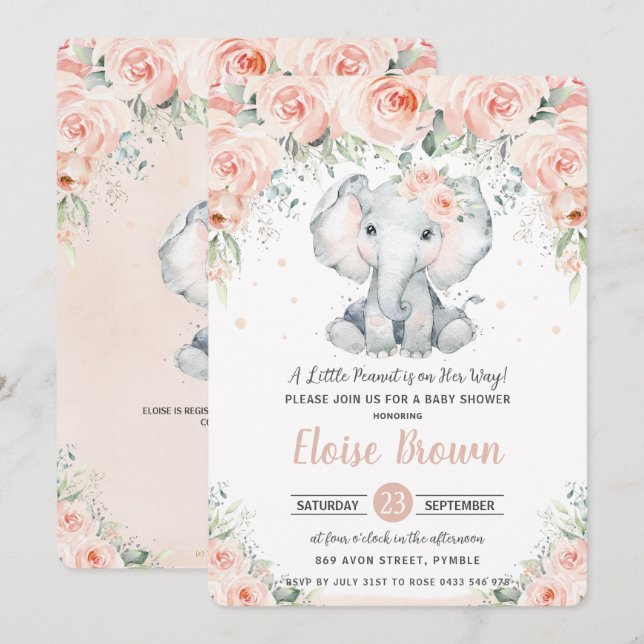 Pastel Chic Blush Floral Elephant Baby Shower  Invitation (Front/Back)