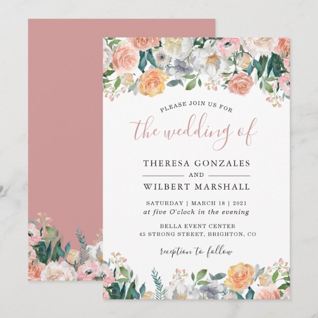Pastel Chic Dusty Rose Bloom Floral Wedding Invitation (Front/Back)