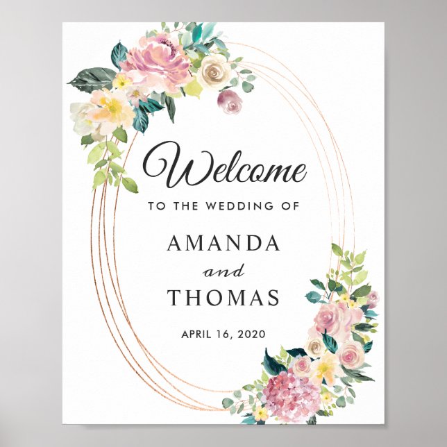 Pastel Chic Floral Oval Frame Welcome Wedding Sign (Front)
