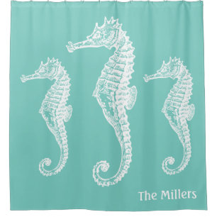 Pastel Chic Seahorse Family Teal Green Shower Curtain