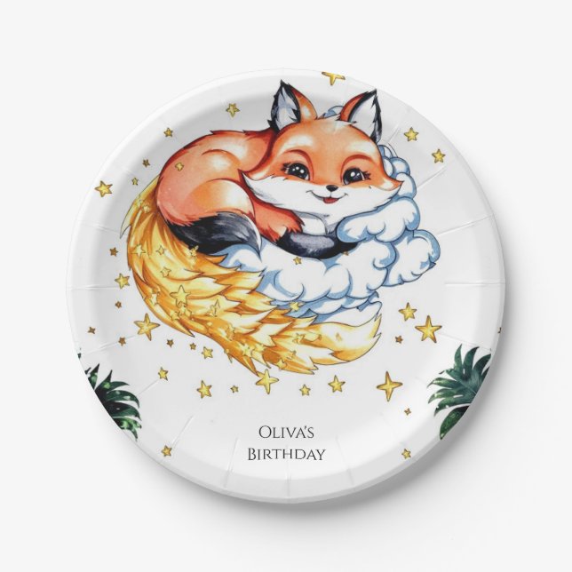 Pastel Children's Fox Birthday Paper Plate (Front)