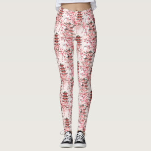 Pastel Chinese Pagoda Cherry Blossom Landscape Leggings