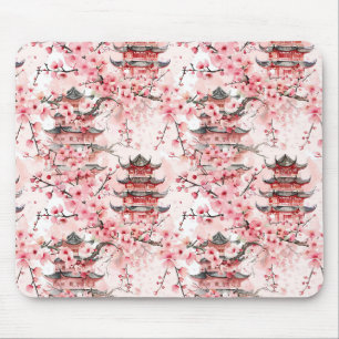 Pastel Chinese Pagoda Cherry Blossom Landscape Mouse Mat