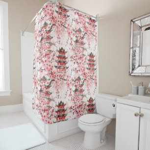 Pastel Chinese Pagoda Cherry Blossom Landscape Shower Curtain