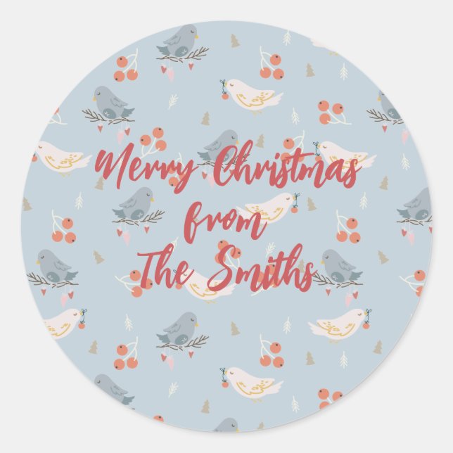 Pastel Christmas Birds Seamless Pattern Classic Round Sticker (Front)