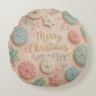 Pastel Christmas Cookies Merry Christmas Snowflake Round Cushion
