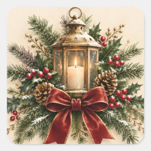 Pastel Christmas Greeting, Cosy Candle, Ribbon Square Sticker