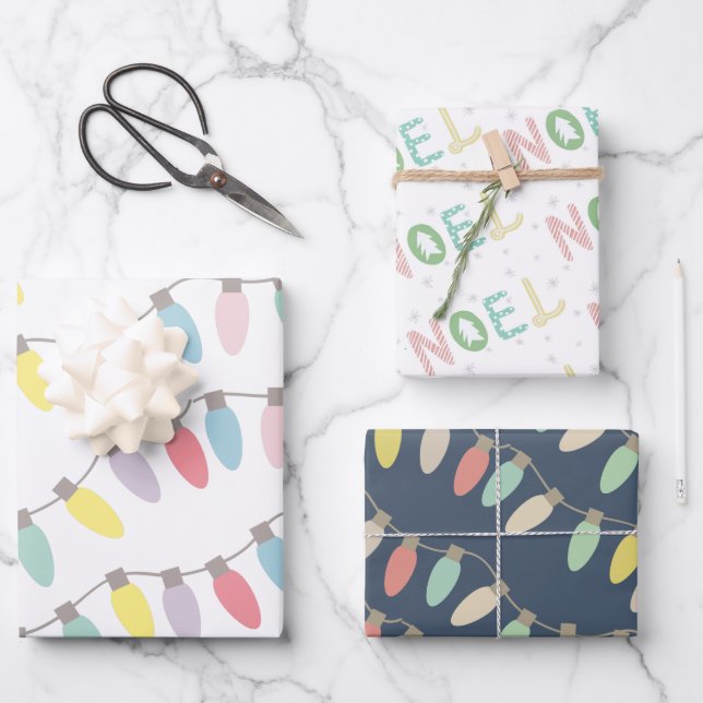 Pastel Christmas Lights Noel Holiday Wrapping Paper Sheet (Front)