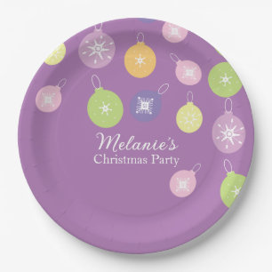 Pastel Christmas Ornaments Snowflakes Violet Paper Plate