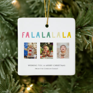 Pastel Christmas Quote Fa La La 3 Photo Collage   Ceramic Ornament